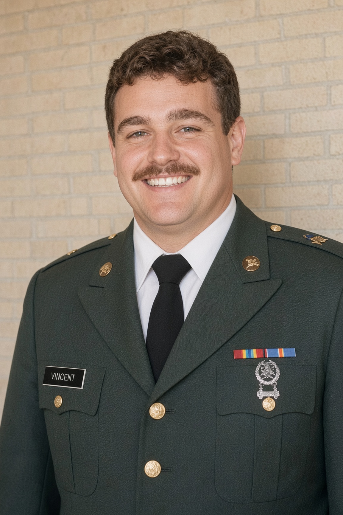 John Vincent in his U.S. Army green Class A uniform, curly hair and mustache, eyes open.