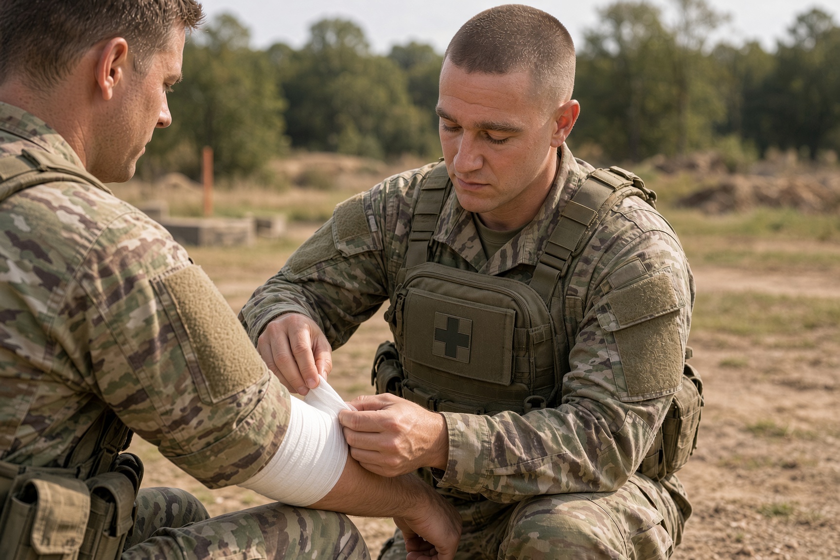 A younger John Vincent in woodland camouflage, kneeling outdoors and wrapping a clean bandage on another soldier’s forearm.